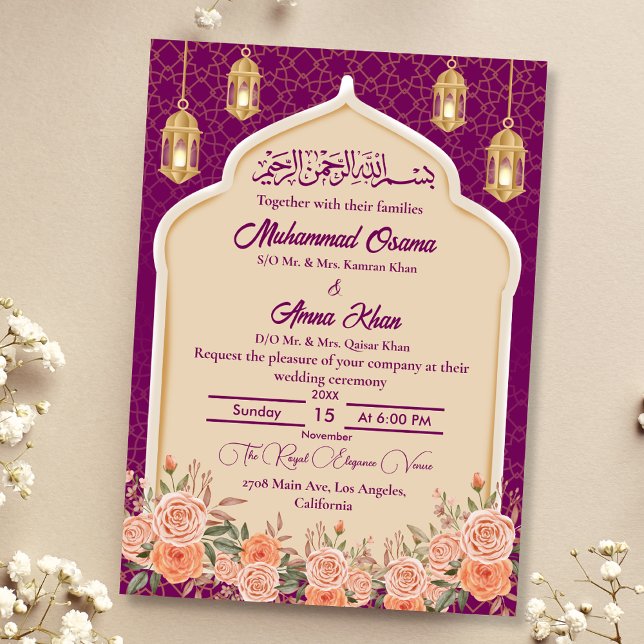 Invitación Floral de oro morado Boda musulmana islámica (Subido por el creador)