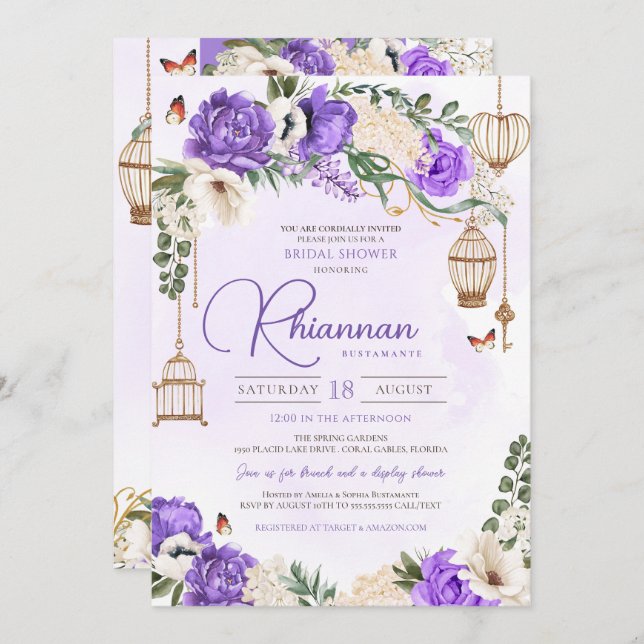 Invitación Floral de oro morado claro elegante ducha de novia (Anverso / Reverso)
