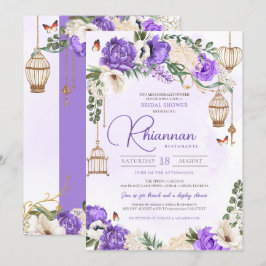 Invitación Floral de oro morado claro elegante ducha de novia