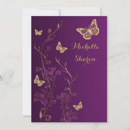 Invitación Floral de oro morado con moscas al bat Mitzvah