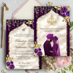 Invitación Floral de oro morado oscuro Anand Karaj Sikh Boda