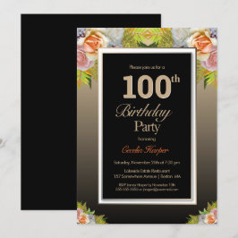 Invitación Floral de oro negro 100 cumpleaños
