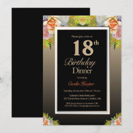 Invitación Floral de oro negro 18ª cena de cumpleaños