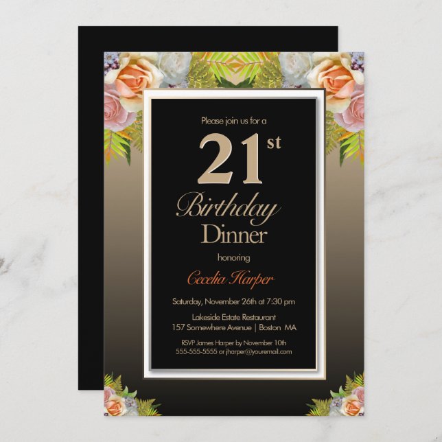 Invitación Floral de oro negro 21ª cena de cumpleaños (Anverso / Reverso)