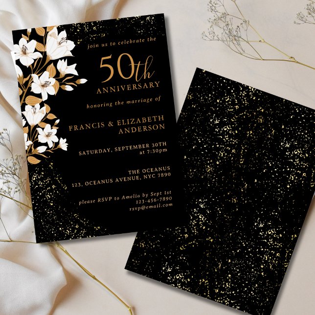 Invitación Floral de oro negro 50 aniversario Boda (Subido por el creador)