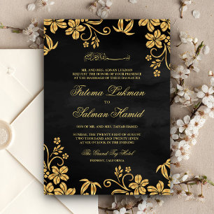 Invitación Floral de oro negro Boda musulmana islámica