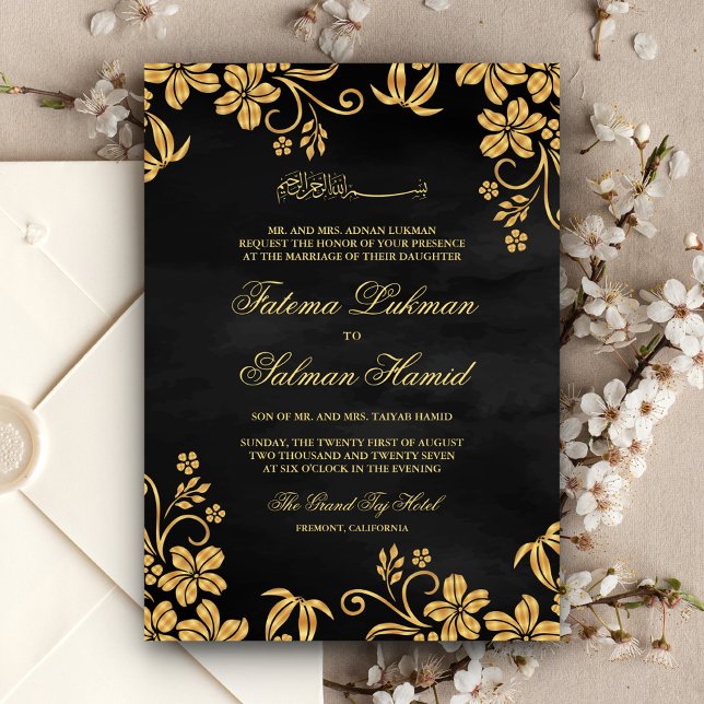 Invitación Floral de oro negro Boda musulmana islámica (Subido por el creador)