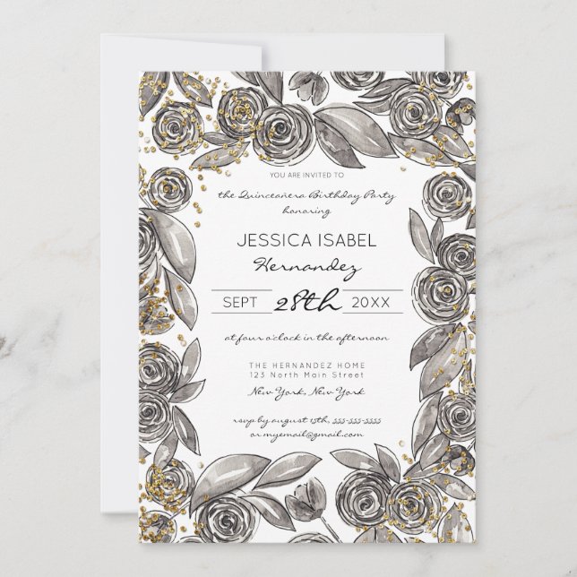Invitación Floral de oro negro confetti acuarela Quinceañera (Anverso)