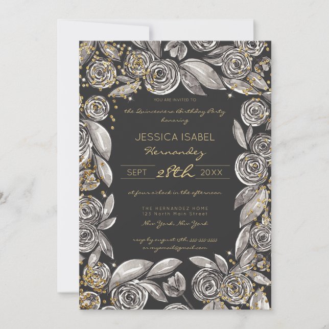 Invitación Floral de oro negro confetti acuarela Quinceañera (Anverso)