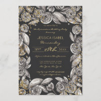 Floral de oro negro confetti acuarela Quinceañera