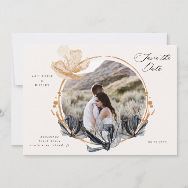 Invitación Floral de oro negro exclusiva salva la fecha (Anverso)
