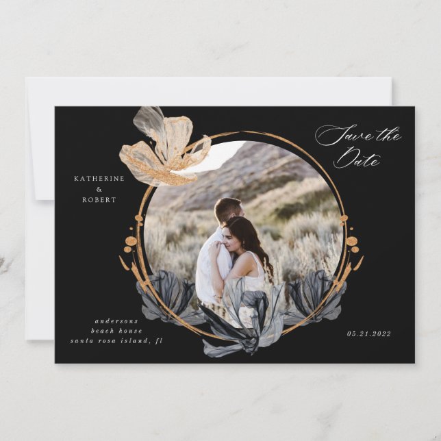 Invitación Floral de oro negro exclusiva salva la fecha (Anverso)