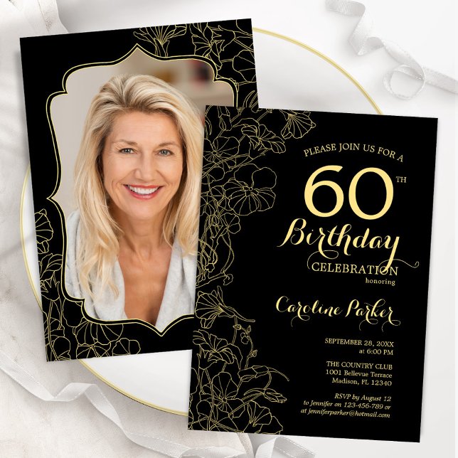 Invitación Floral de oro negro foto 60 cumpleaños (Subido por el creador)