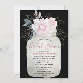 Invitación Floral de oro negro Mason Jar Bridal Shower