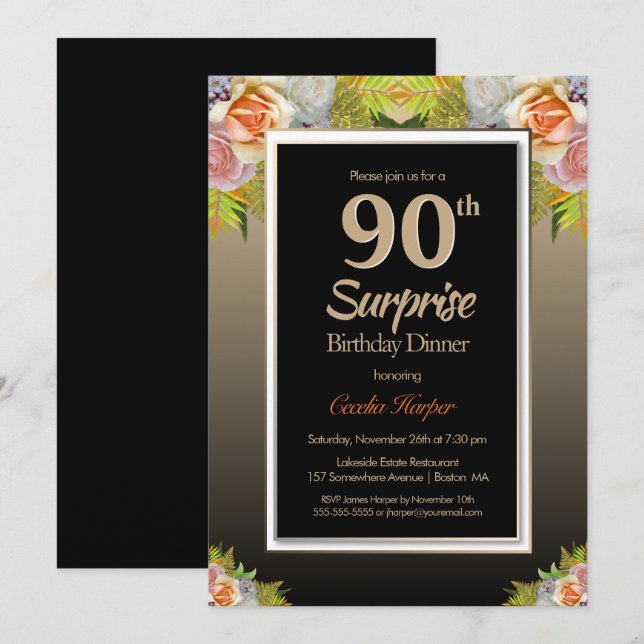 Invitación Floral de oro negro sorprende 90 cumpleaños (Anverso / Reverso)