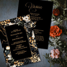 Invitación Floral de oro negro todo en un Boda
