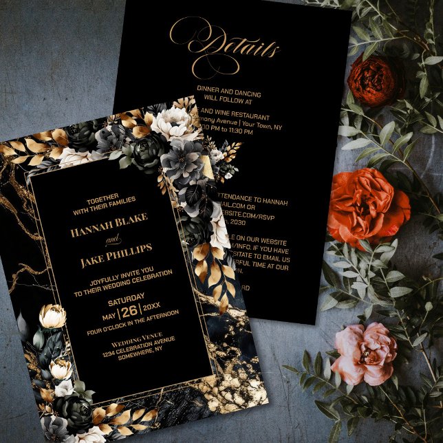 Invitación Floral de oro negro todo en un Boda (Subido por el creador)