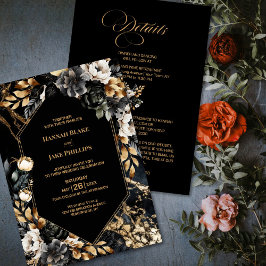 Invitación Floral de oro negro todo en un Boda geométrico