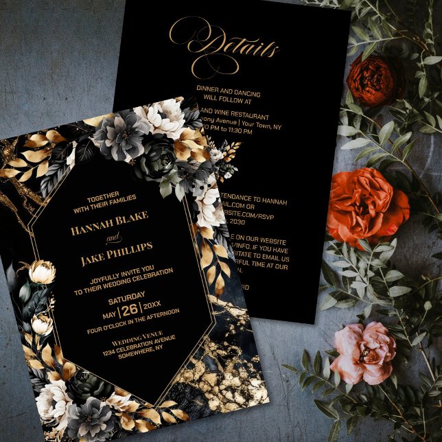 Invitación Floral de oro negro todo en un Boda geométrico (Subido por el creador)