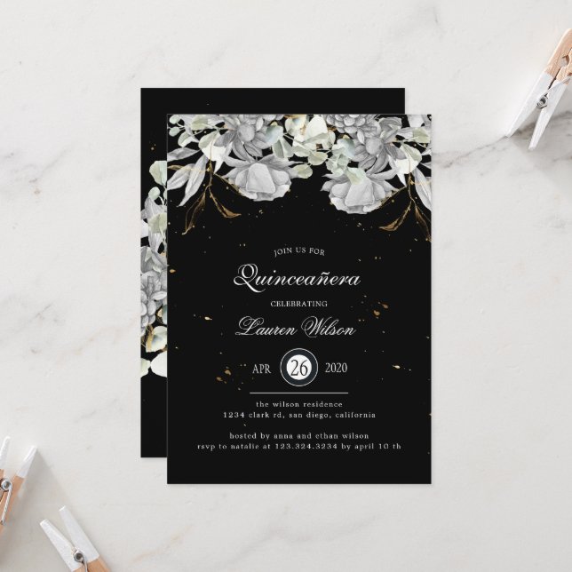 Invitación Floral de oro plateado dramático Quinceanera (Anverso/Reverso In Situ)