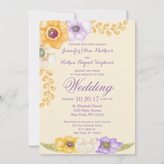 Invitación floral de oro púrpura de la boda de la (Anverso)