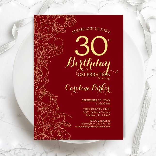 Invitación Floral de oro rojo 30 Fiesta de cumpleaños (Subido por el creador)