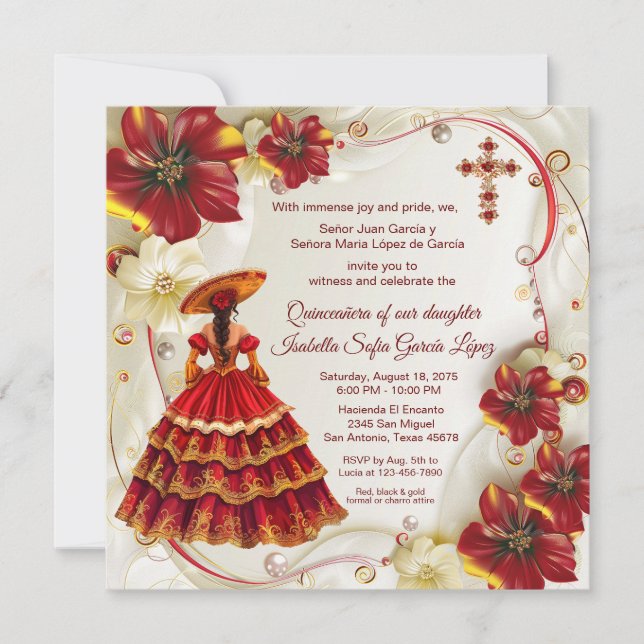 Invitación Floral de oro rojo Charra Quinceanera (Anverso)