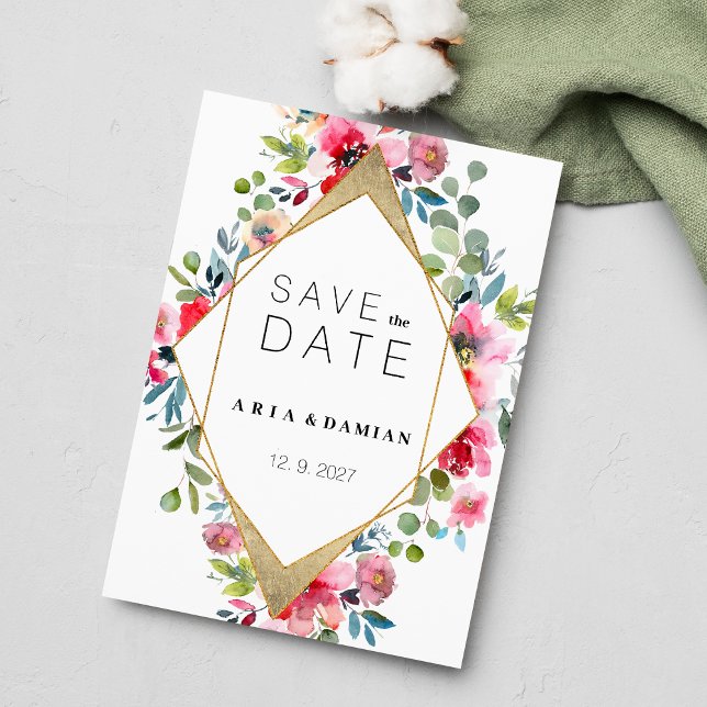 Invitación Floral de oro rojo de menta rosa geométrica Guarda (Geometric pink mint red gold floral Save the Date)