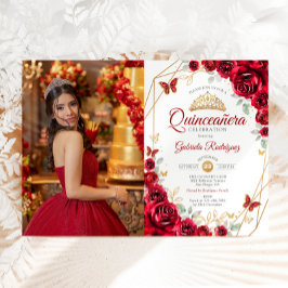 Invitación Floral de oro rojo Quinceanera Foto