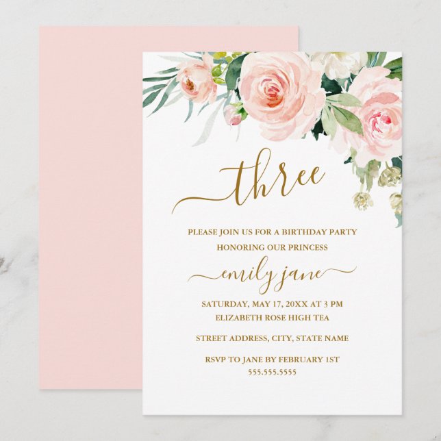 Invitación Floral de oro rosa 3 Fiesta de cumpleaños (Anverso / Reverso)