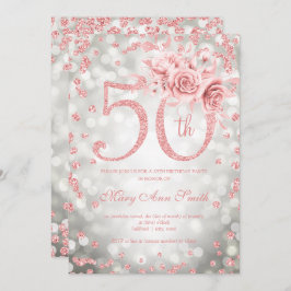 Invitación Floral de oro Rosa 50º alumbrado de cumpleaños Pla