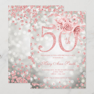 Invitación Floral de oro Rosa 50º alumbrado de cumpleaños Pla