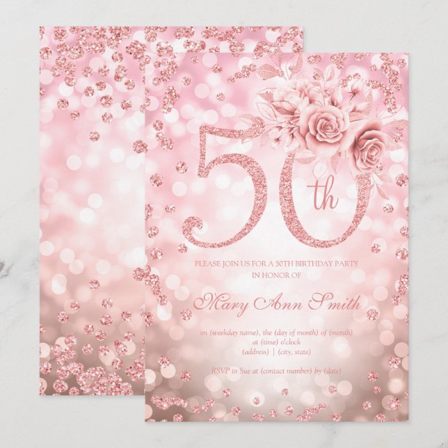 Invitación Floral de oro Rosa 50.º alumbrado de cumpleaños (Anverso / Reverso)