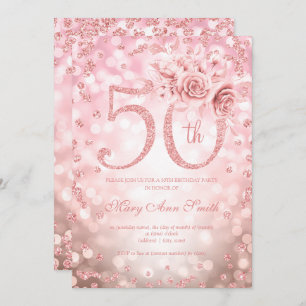 Invitación Floral de oro Rosa 50.º alumbrado de cumpleaños
