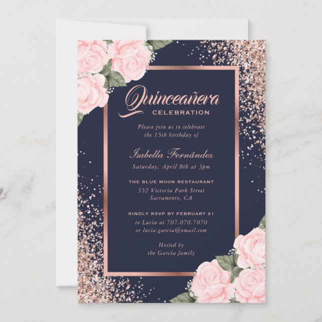 Invitación Floral de oro rosa azul Quinceañera (Anverso)