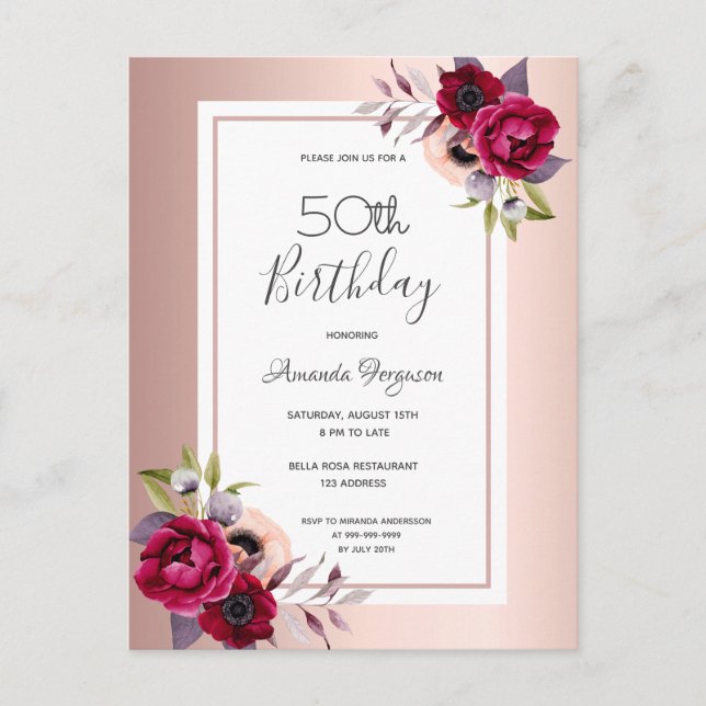 Invitación floral de oro rosa de cumpleaños (Anverso)