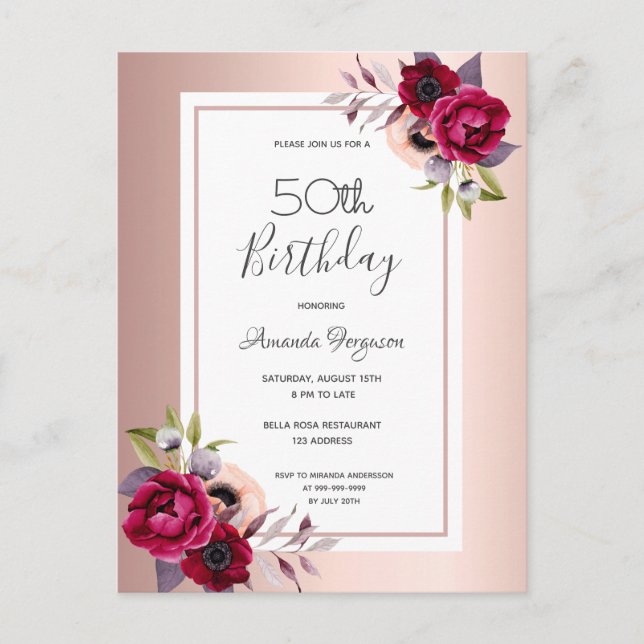 Invitación floral de oro rosa de cumpleaños (Anverso)