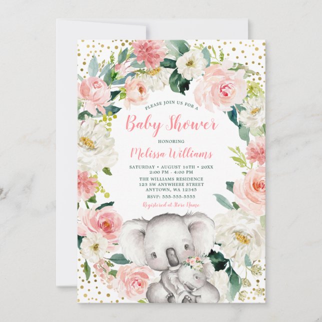 Invitación Floral de oro rosa Koala Chica Baby Shower (Anverso)