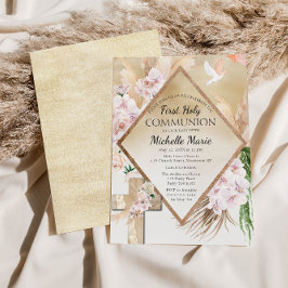 Invitación Floral de oro rosa primer Chica de la comunión sag