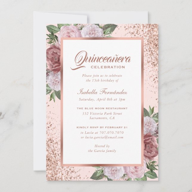 Invitación Floral de oro rosa Quinceañera (Anverso)