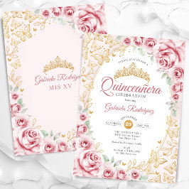 Invitación Floral de oro rosa Quinceanera