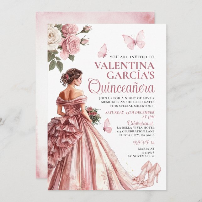 Invitación Floral de oro rosa Quinceañera 15 Anos (Anverso / Reverso)