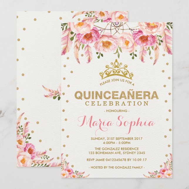 Invitación Floral de oro rosa Quinceañera Feminine Dreamcatch (Anverso / Reverso)