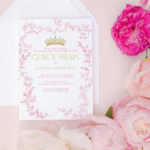 Invitación Floral de oro rosa Quinceañera mis cinco años