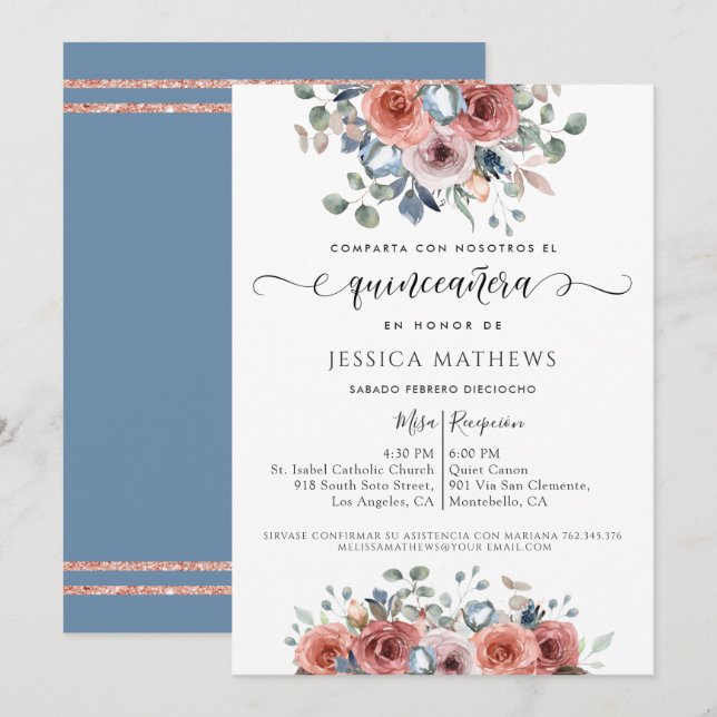 Invitación Floral de oro rosa rosa azul, quinceañera (Anverso / Reverso)