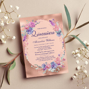 Invitación Floral de oro rosa rosa morado Quinceañera