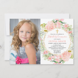 Invitación Floral de oro rosa Rubor Primera foto de la Santa 