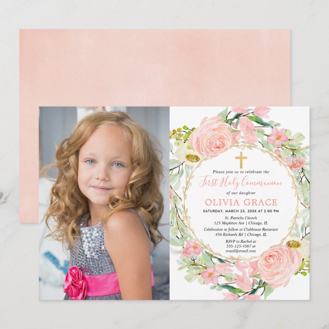 Invitación Floral de oro rosa Rubor Primera foto de la Santa  (Anverso / Reverso)