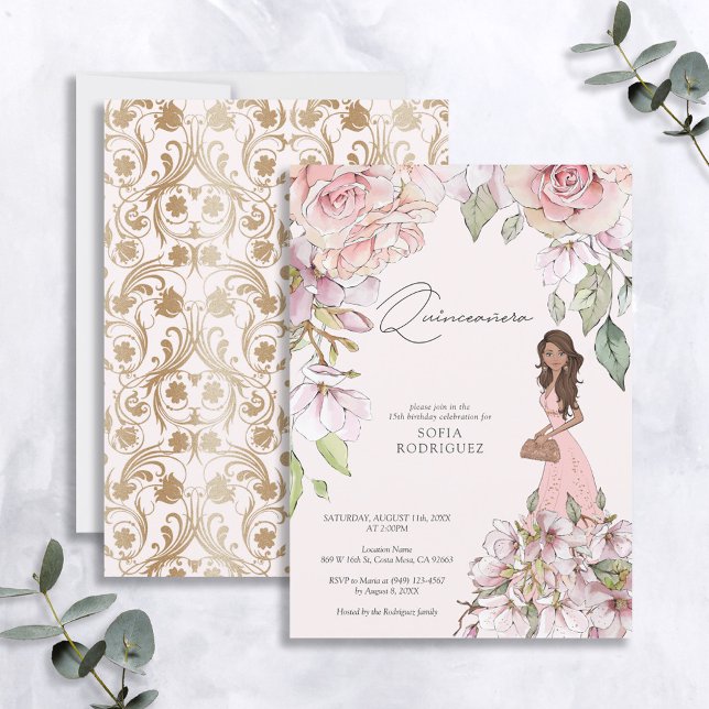 Invitación Floral de oro rosa Rubor Quinceañera 15º cumpleaño (Subido por el creador)