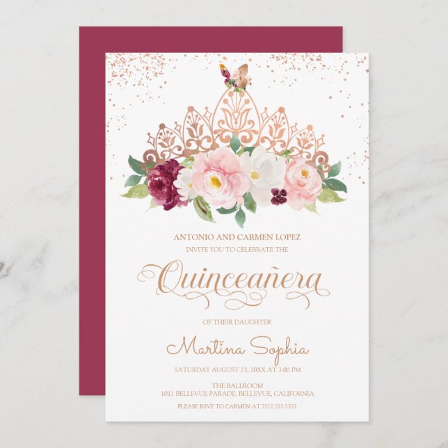 Invitación Floral de oro Rosa Tiara y mariposa Quinceanera (Anverso / Reverso)